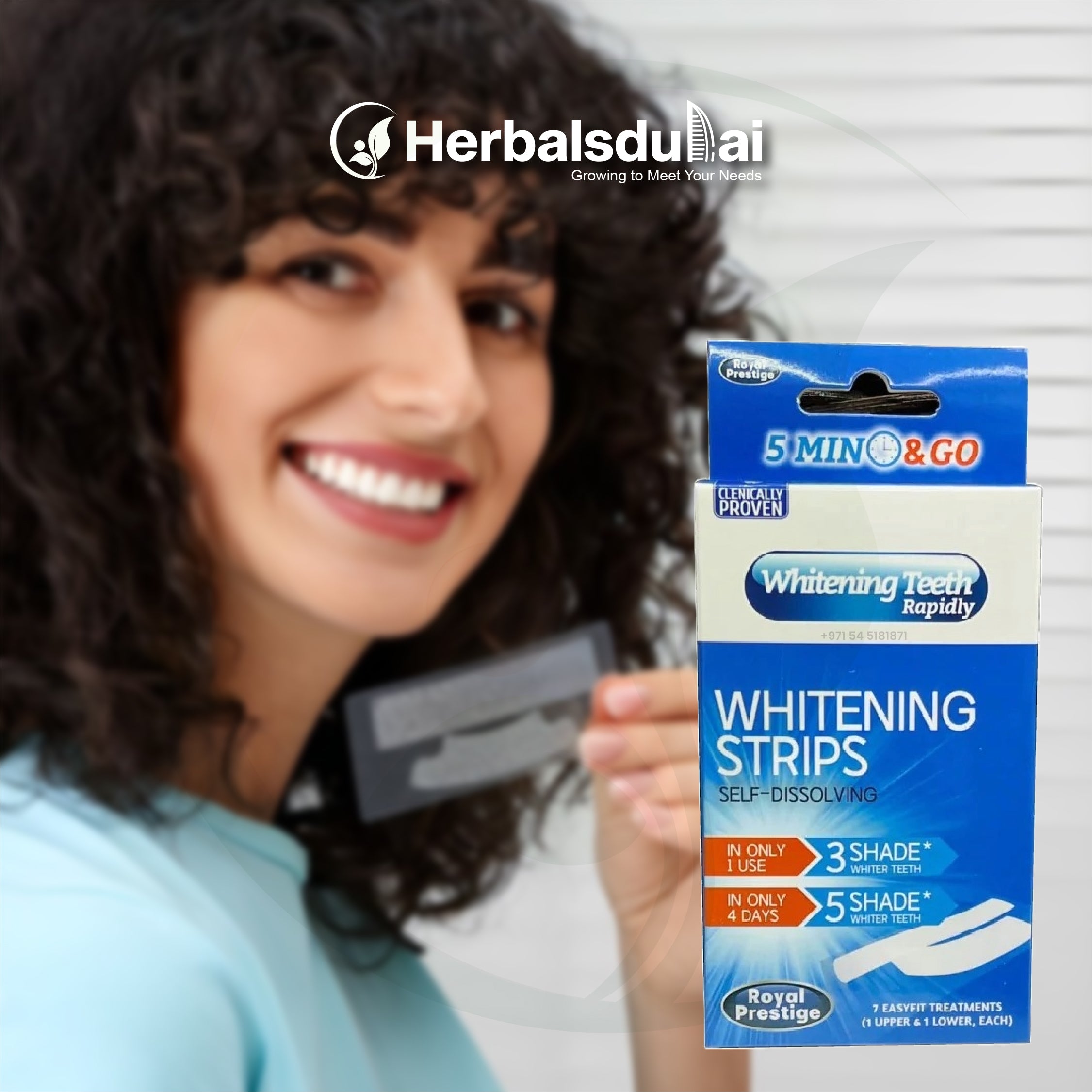 Woman smiling while holding a pack of whitening strips from Herbals Dubai, with product packaging prominently displayed.