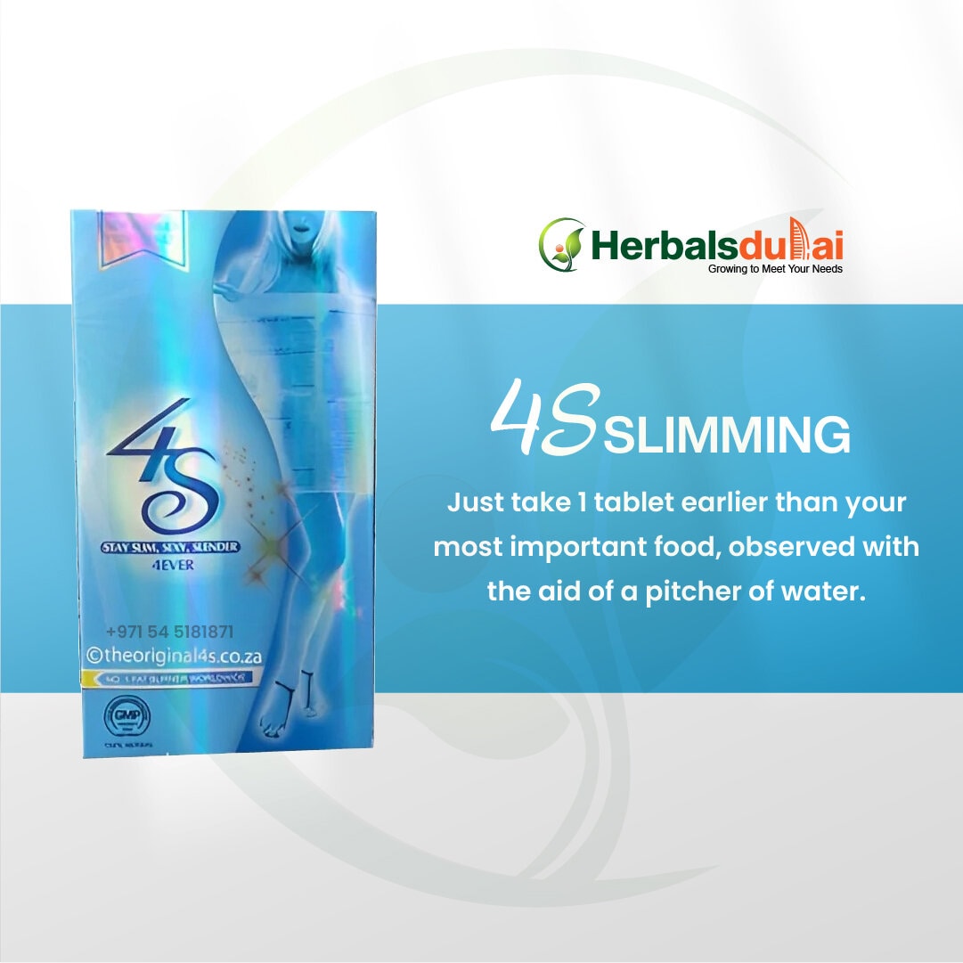 Image of 4S Slimming product packaging featuring a holographic design, with instructions to take one tablet before meals with water. The packaging includes contact information and the Herbals Dubai logo.