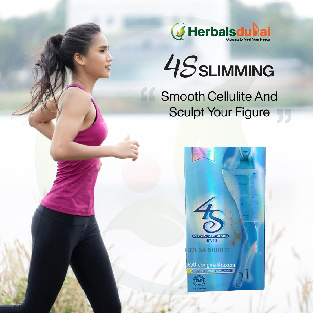 Woman jogging outdoors next to 4S Slimming product advertisement showing packaging and brand logo from HerbalsDubai.