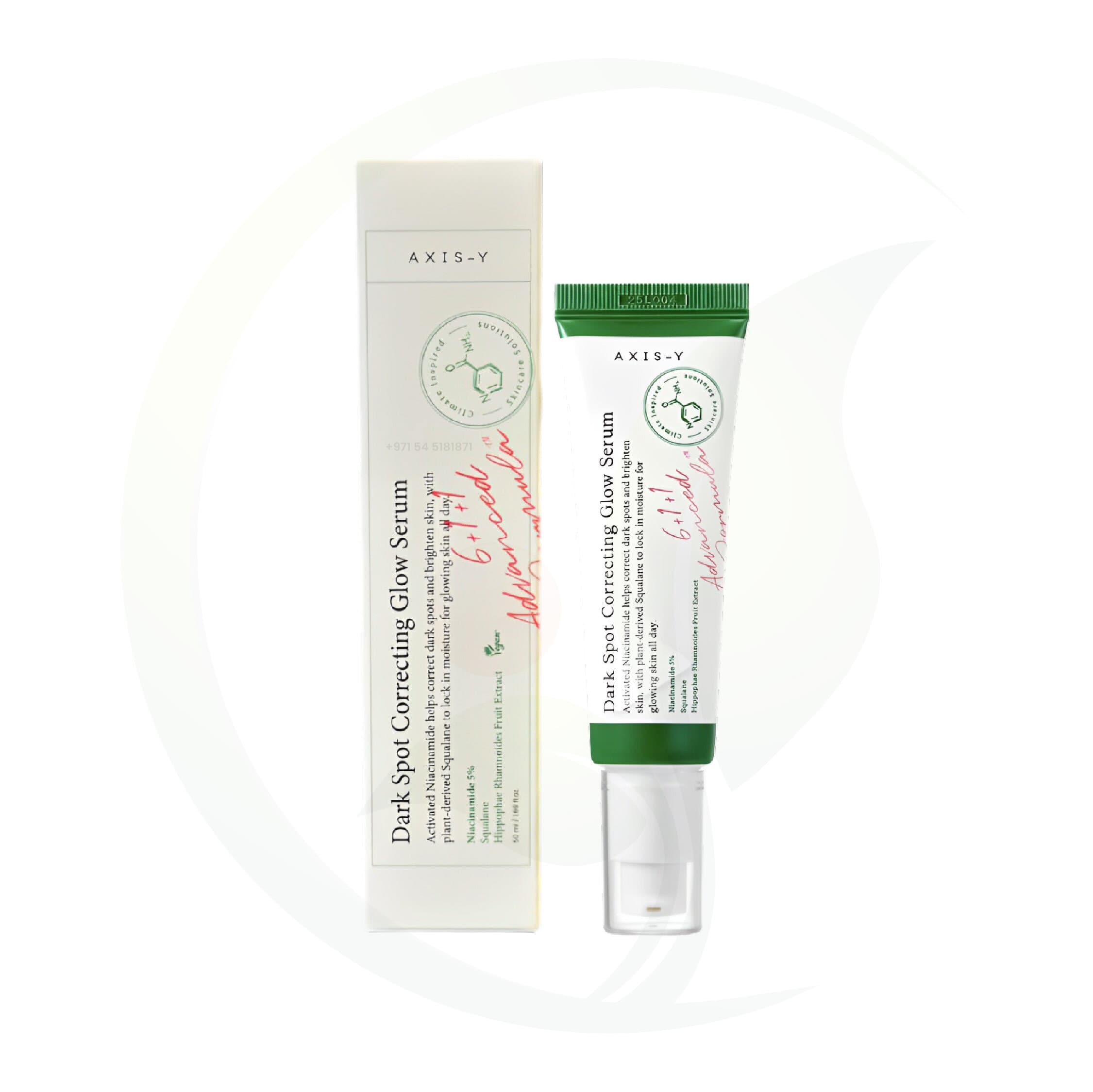 Dark Spot Correcting Glow Serum by AXIS-Y, displayed in a tube with its packaging box, featuring an elegant design and green accents.