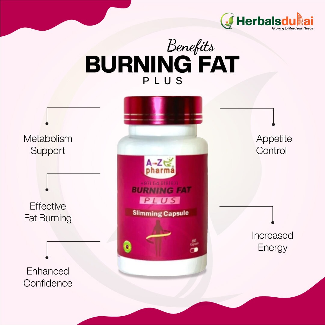 Image of a bottle labeled "Burning Fat Plus Slimming Capsule" by A-Z Pharma, highlighting benefits such as metabolism support, effective fat burning, enhanced confidence, appetite control, and increased energy. Logo of HerbalsDubai in the corner.