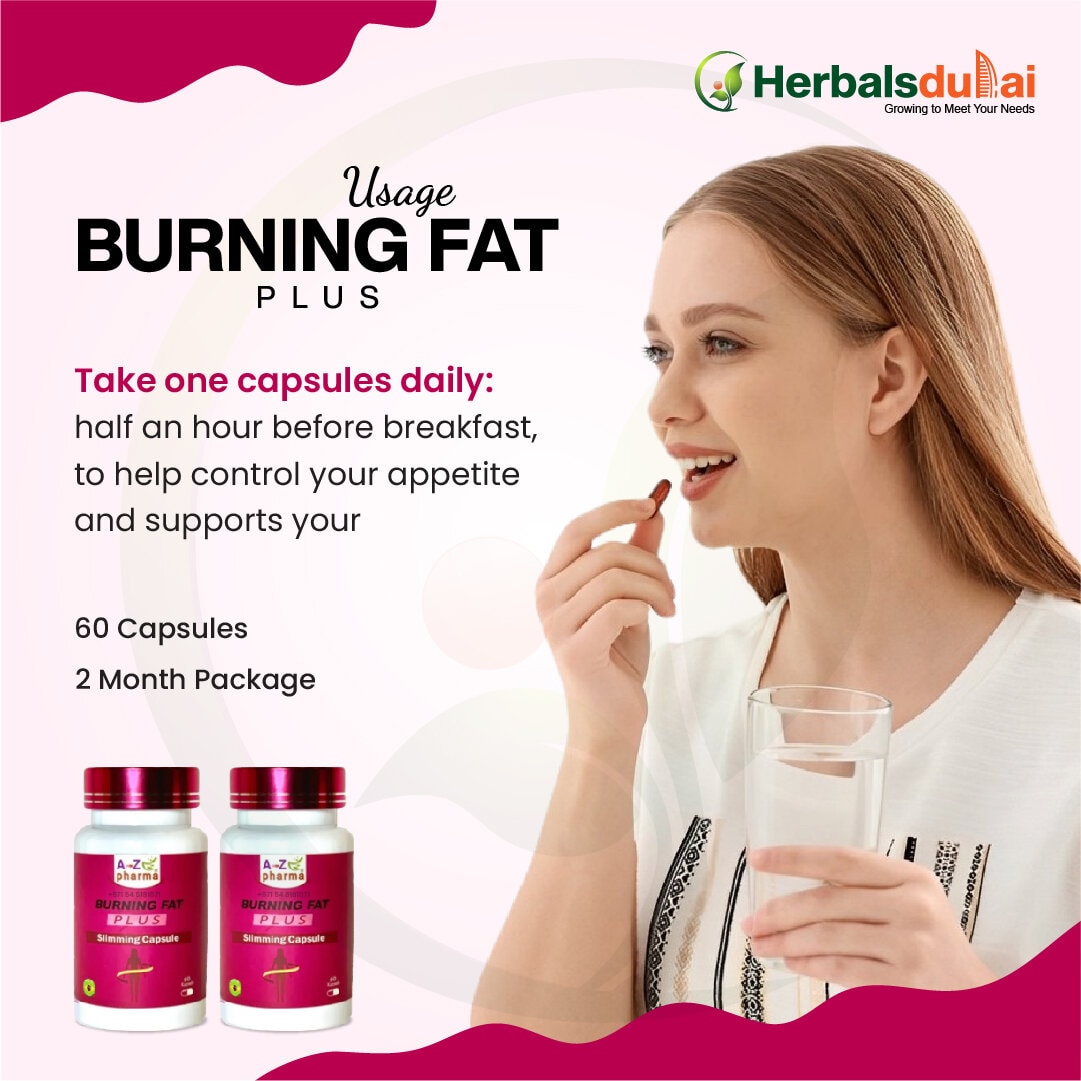 Woman taking a dietary supplement capsule with a glass of water, promoting Burning Fat Plus by Herbals Dubai, featuring instructions for daily usage and packaging details.