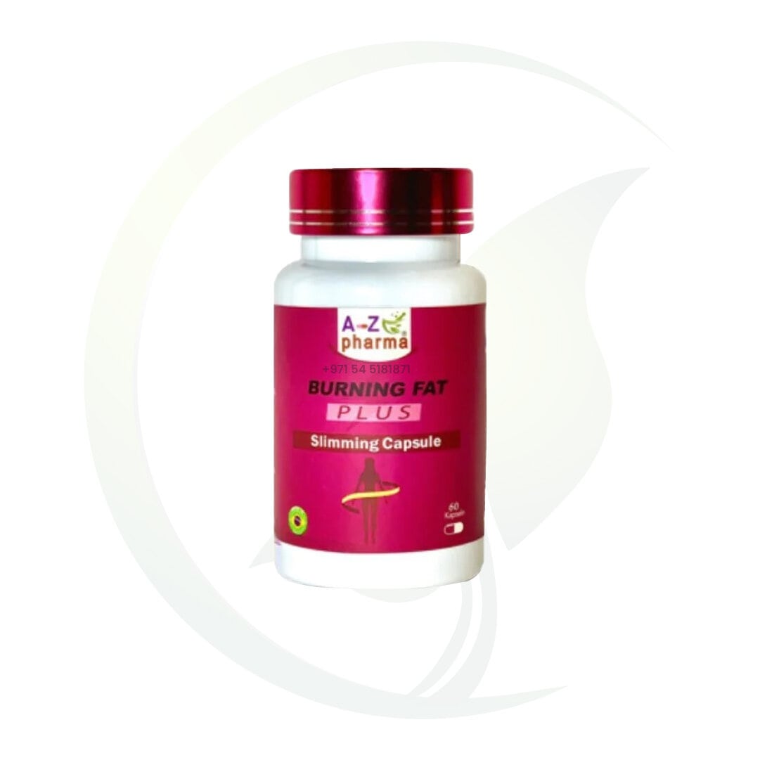 A bottle of A-Z Pharma Burning Fat Plus slimming capsules with a pink label.
