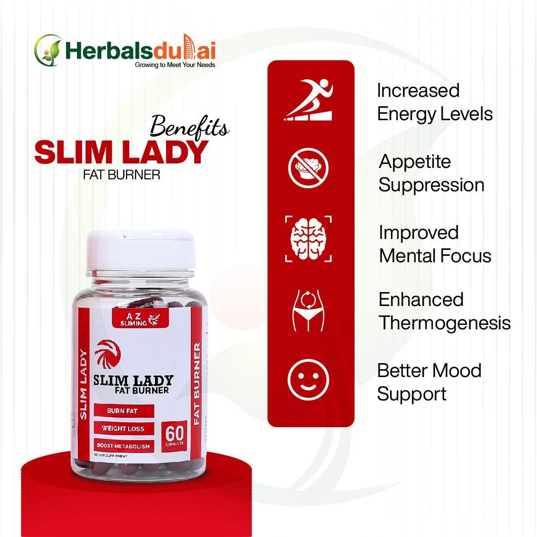 Image of Slim Lady Fat Burner bottle with benefits listed including increased energy levels, appetite suppression, improved mental focus, enhanced thermogenesis, and better mood support.