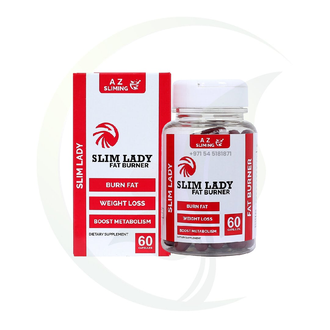 Slim Lady fat burner packaging and bottle, highlighting weight loss, fat burn, and metabolism boost claims.