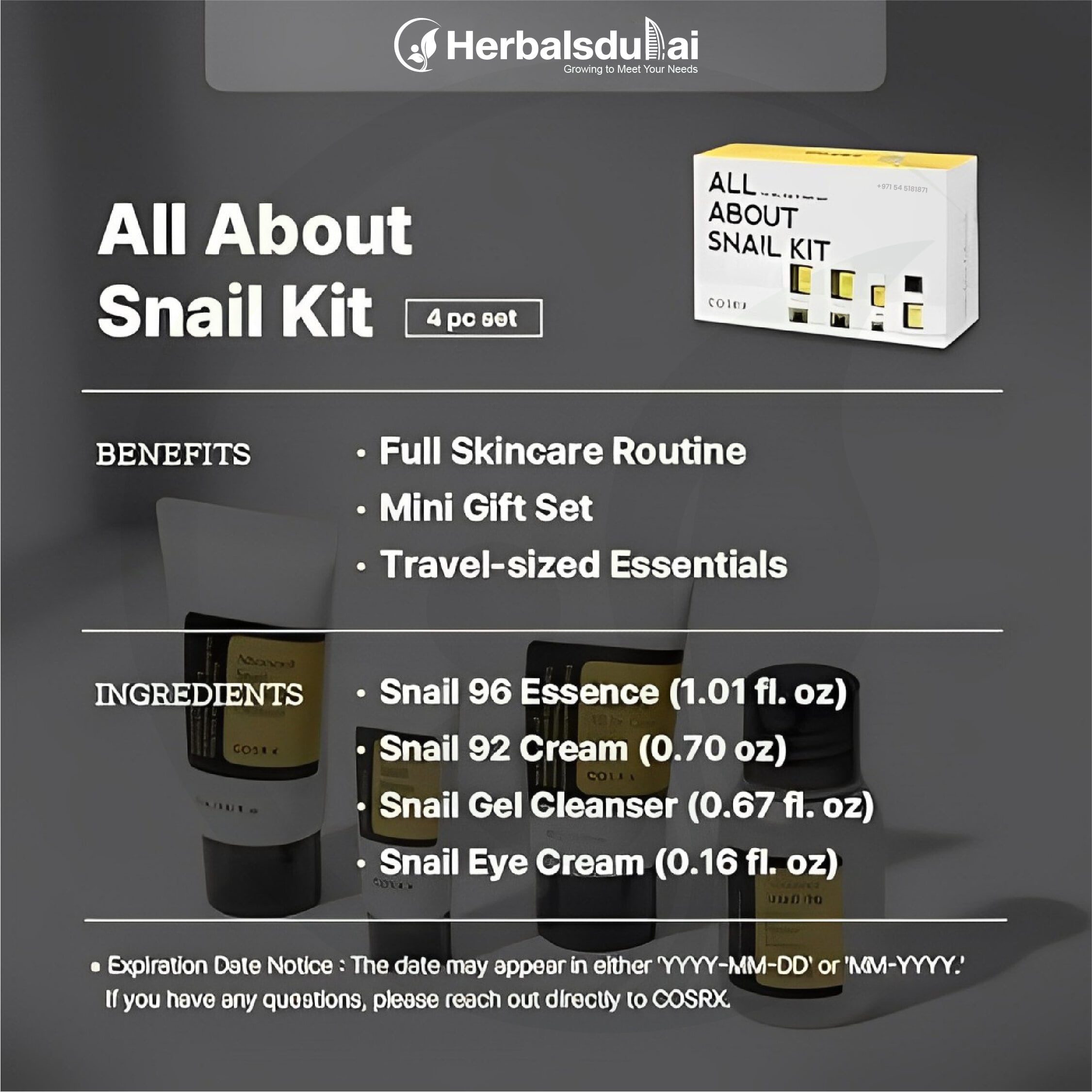 Promotional image for the "All About Snail Kit," featuring the benefits and ingredients of a 4-piece skincare set, including travel-sized snail essence, cream, gel cleanser, and eye cream from Herbals Dubai.