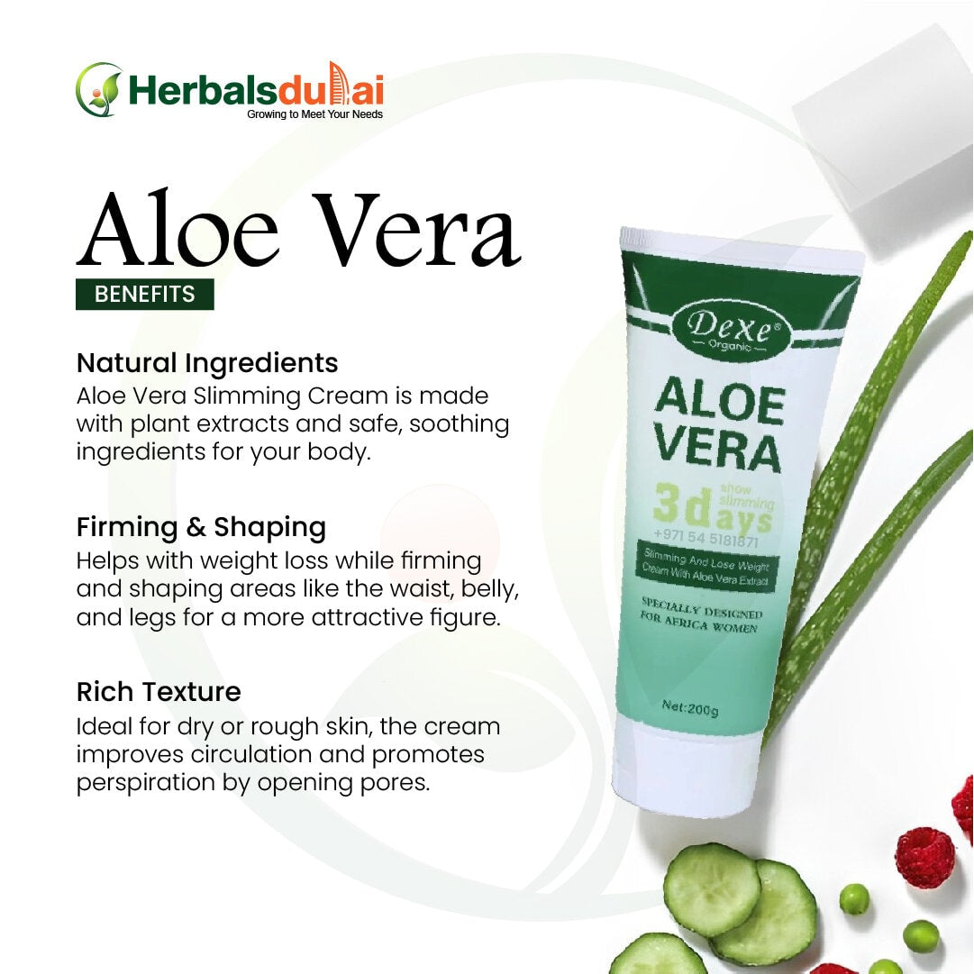 Aloe Vera Slimming Cream tube featuring natural ingredients and benefits, including firming and shaping effects for a more attractive figure, alongside aloe vera leaves and sliced cucumbers.