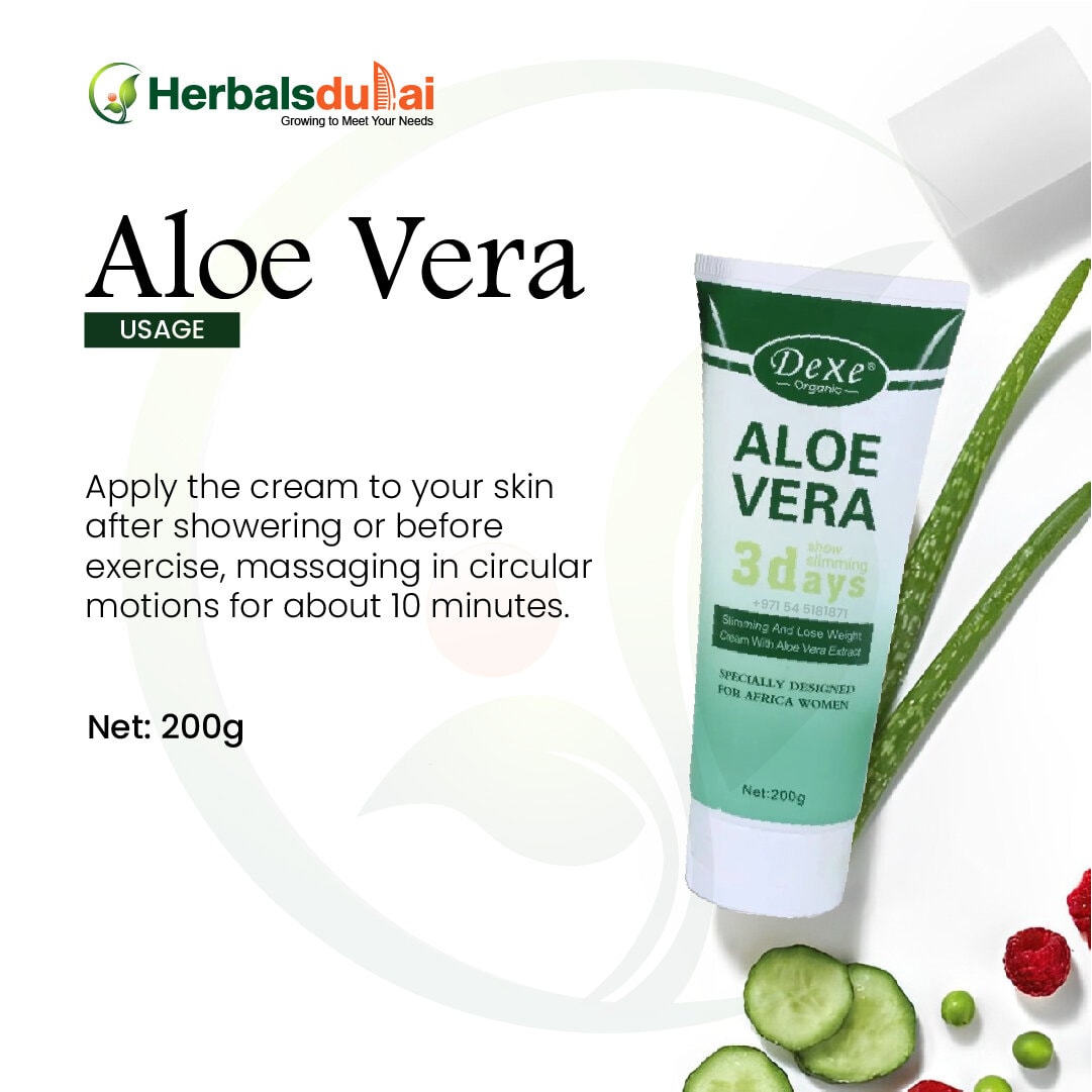 Image of Herbal Dubai Aloe Vera cream packaging with usage instructions, featuring aloe vera leaves and cucumber slices.