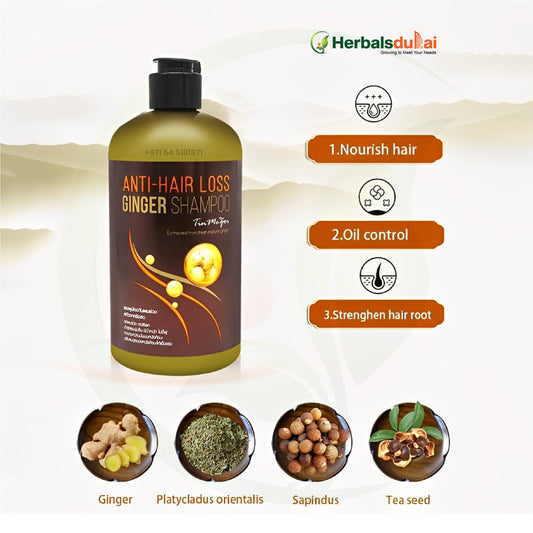 Anti-hair loss ginger shampoo bottle with ingredients like ginger, platycladus orientalis, sapindus, and tea seed, highlighted for nourishing hair, oil control, and strengthening hair roots.