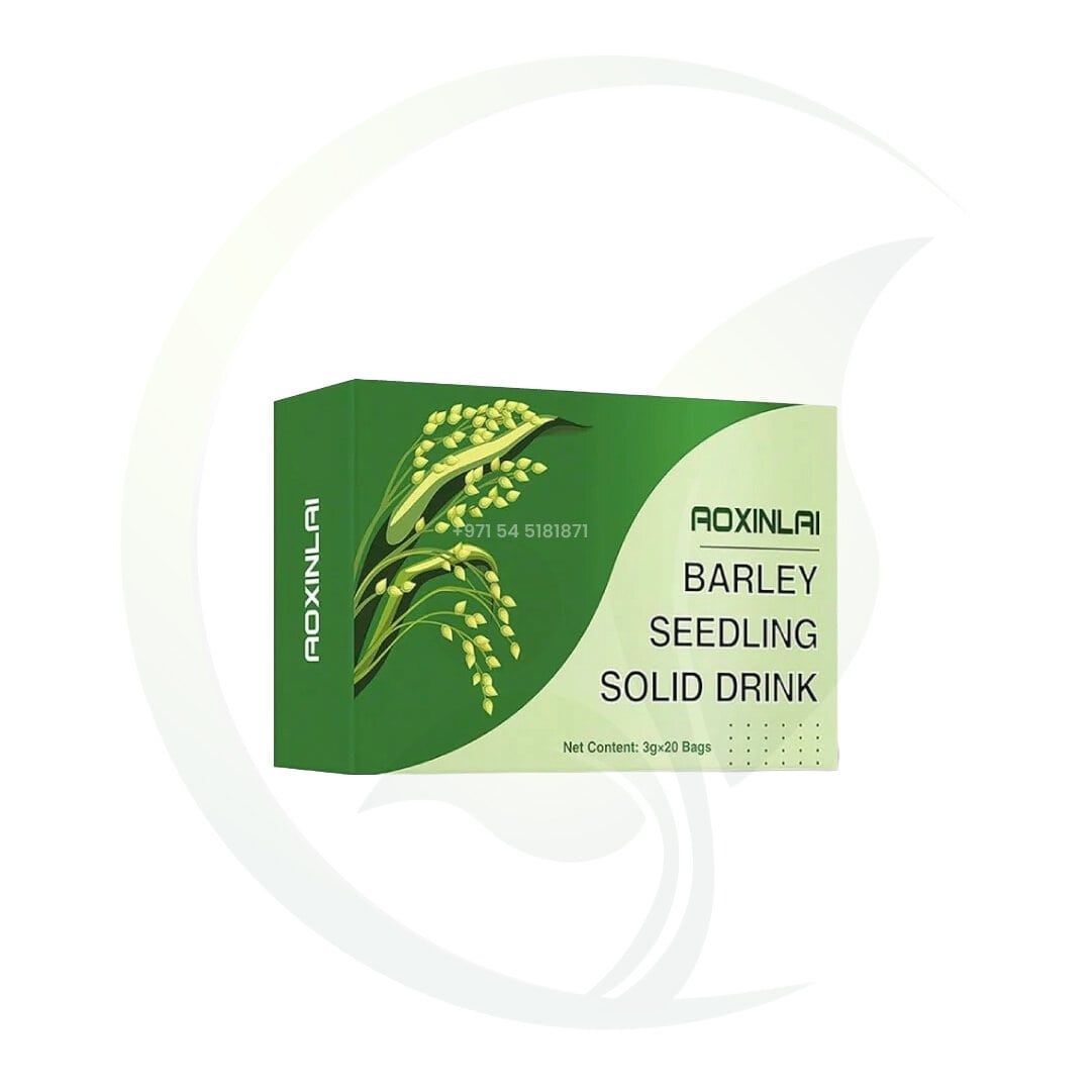 Packaging of Aoxinlai Barley Seedling Solid Drink, featuring a green box with a barley plant illustration and text detailing the product as containing 3g x 20 bags.