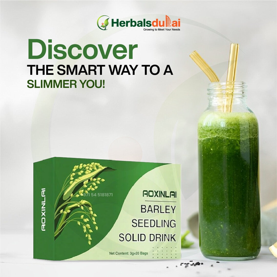 Packaging of Aoxinlai Barley Seedling Solid Drink, featuring usage instructions for barley grass powder for weight loss benefits. The text highlights its high vitamin and fiber content, with brand logo "Herbals Dubai" in the top right corner.