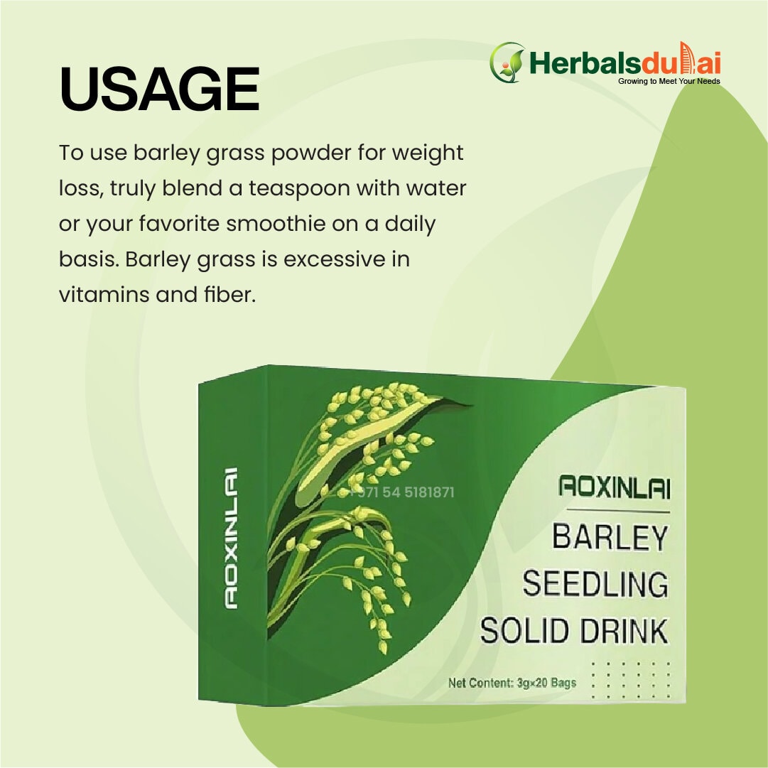 Packaging of Aoxinlai Barley Seedling Solid Drink, featuring usage instructions for barley grass powder for weight loss benefits. The text highlights its high vitamin and fiber content, with brand logo "Herbals Dubai" in the top right corner.