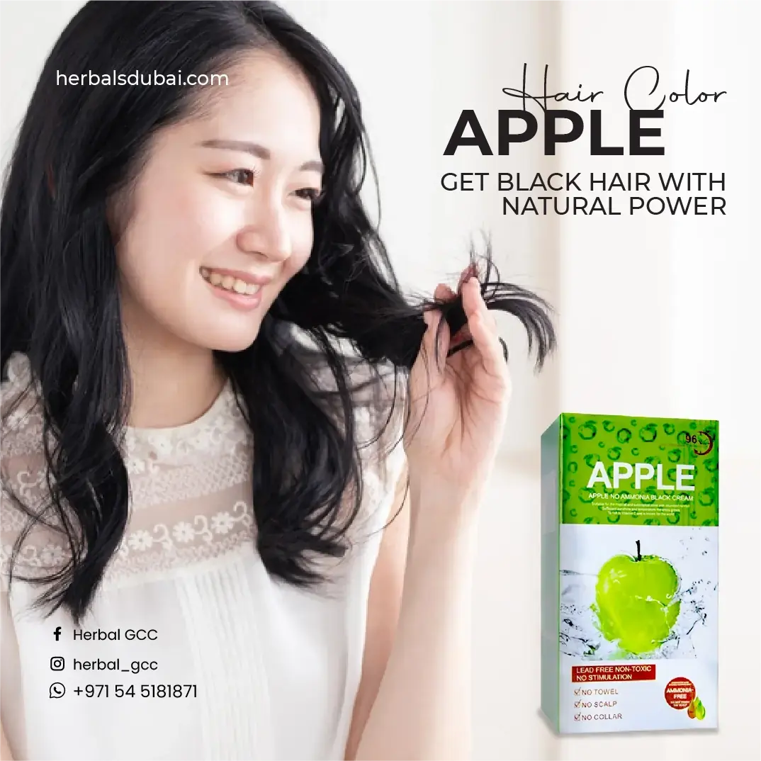 Woman with long black hair smiling while holding her hair, alongside a box of Apple natural hair color. Text highlights the product benefits including getting black hair naturally, with contact details of Herbal GCC.