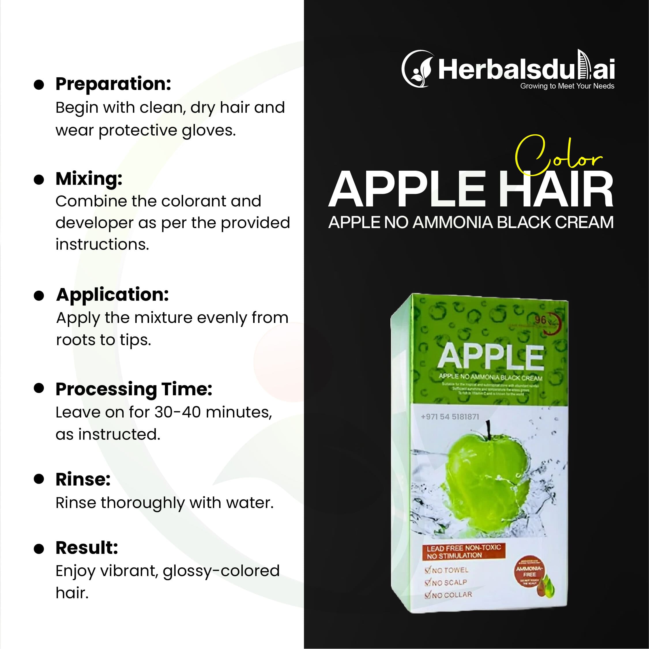 Image of a hair dye product box labeled "Apple Hair No Ammonia Black Cream" with application instructions for achieving vibrant, glossy-colored hair.