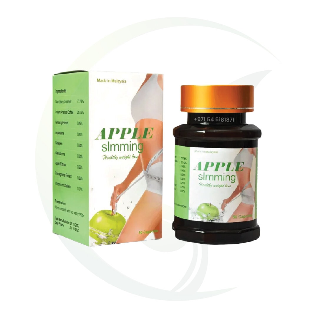 A bottle and packaging of Apple Slimming capsules, featuring an image of a woman in athletic wear and a green apple, emphasizing healthy weight loss.