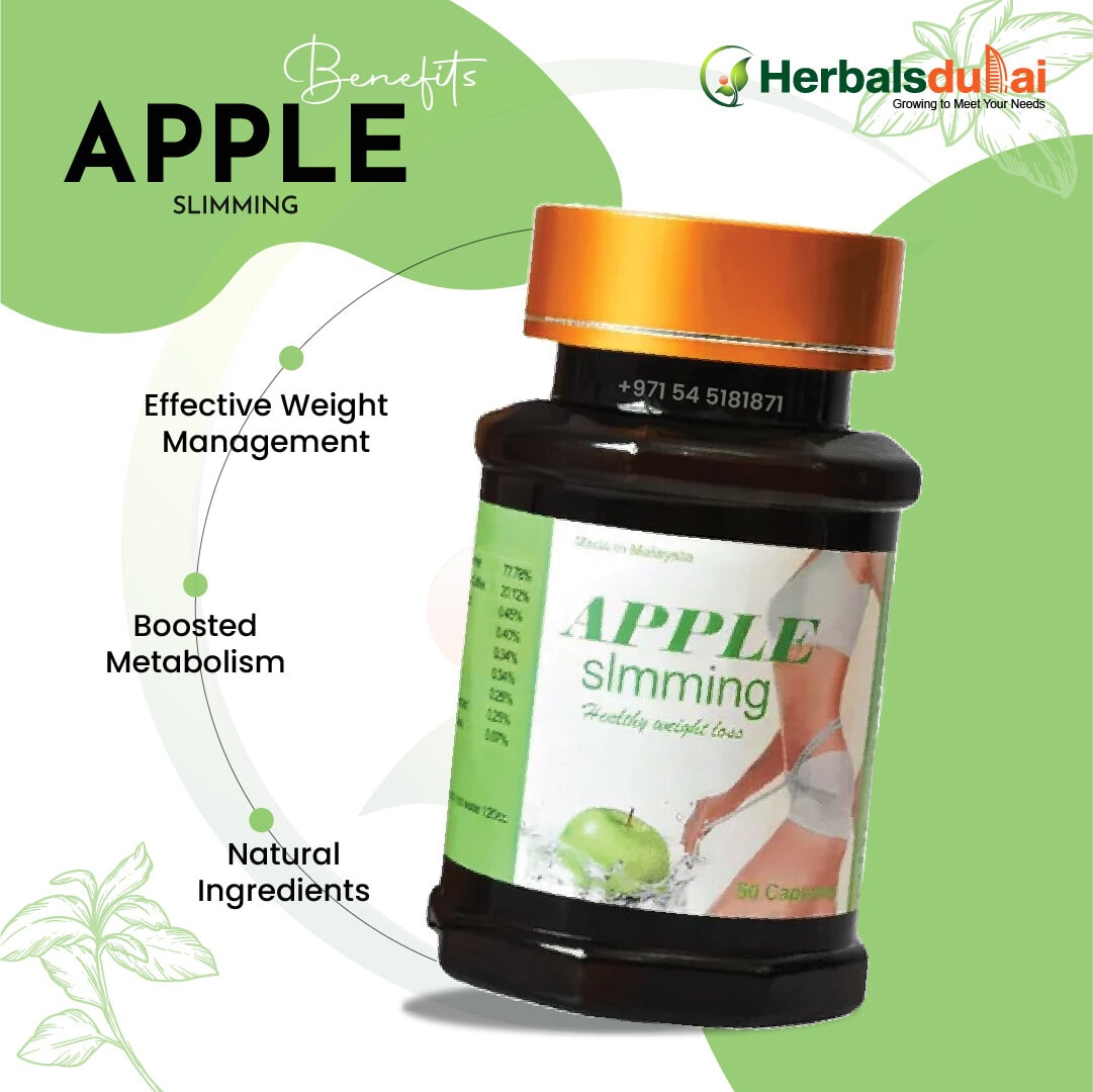 A bottle of Apple Slimming supplement from HerbalsDubai, promoting benefits like effective weight management, boosted metabolism, and natural ingredients, with green and orange label design.