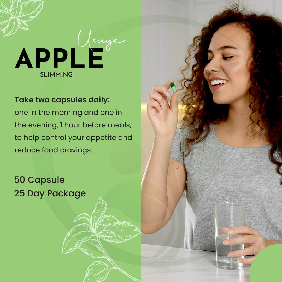 A woman holds a green capsule in one hand and a glass of water in the other, next to a green panel displaying apple slimming capsule usage instructions.