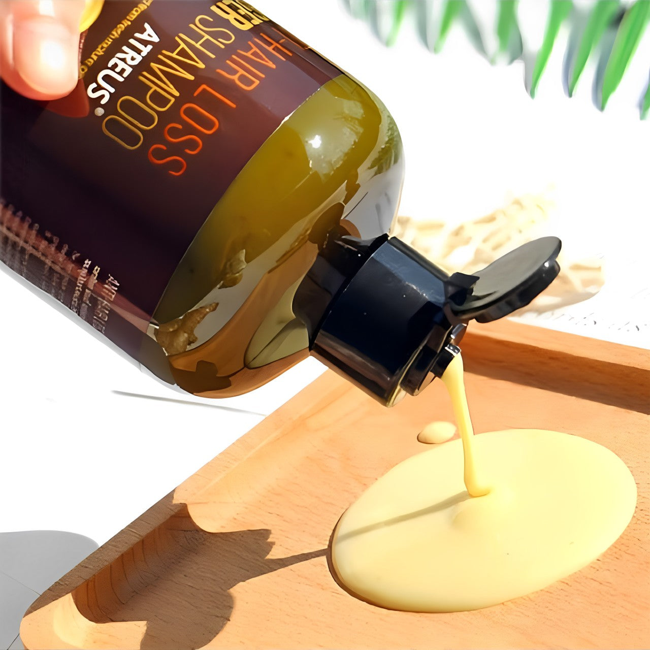 Shampoo being poured from a bottle onto a wooden tray, with natural sunlight highlighting its creamy texture.