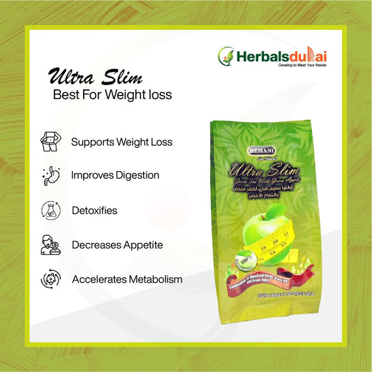 Benefits of Hemani ultra slim tea. Supports weight loss. Improves Digestion, Detoxifies, Decreases Appetite, Accelerates Metabolism