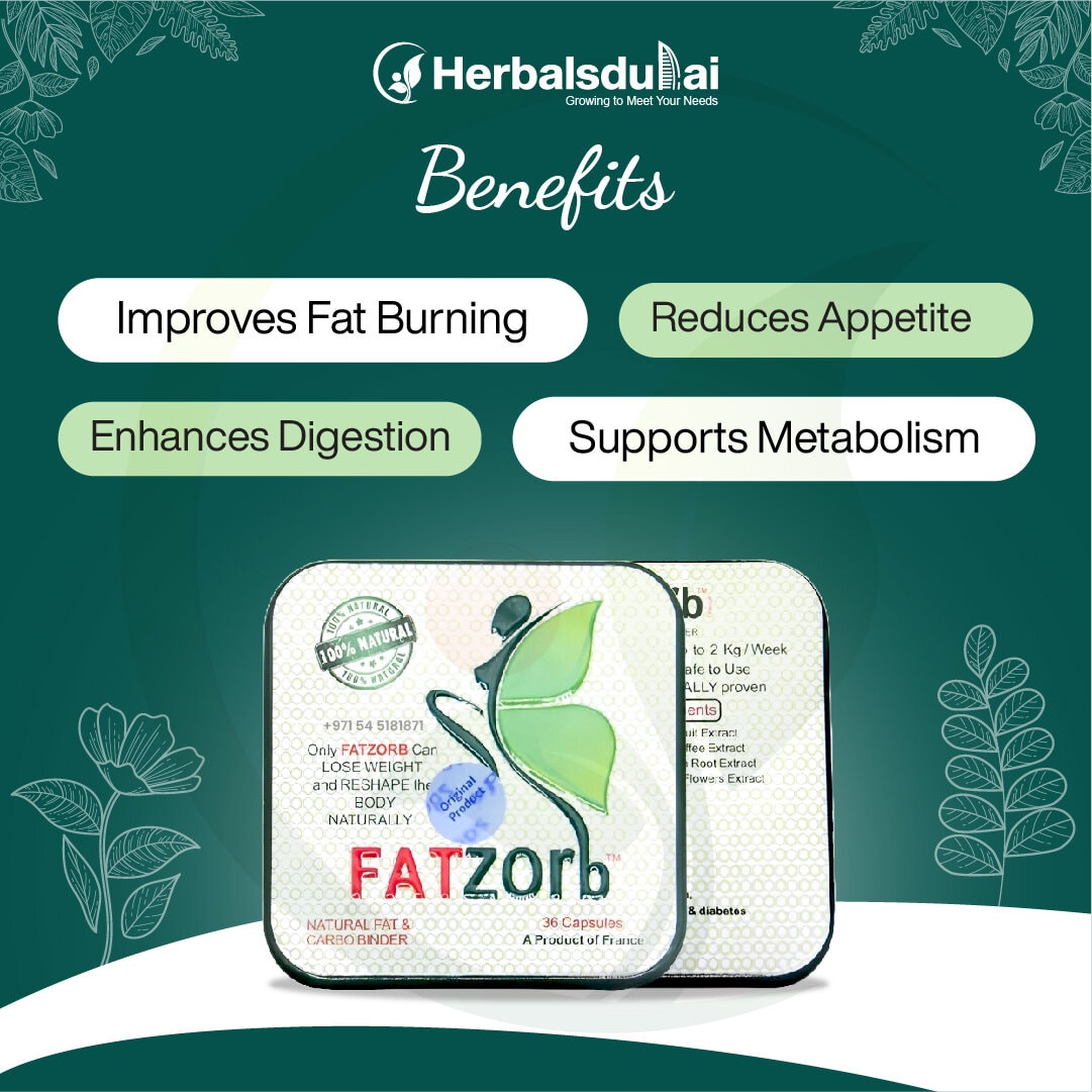 Herbal Dubai product advertisement for FATzorb capsules, highlighting benefits such as improving fat burning, reducing appetite, enhancing digestion, and supporting metabolism, with a natural and herbal theme.