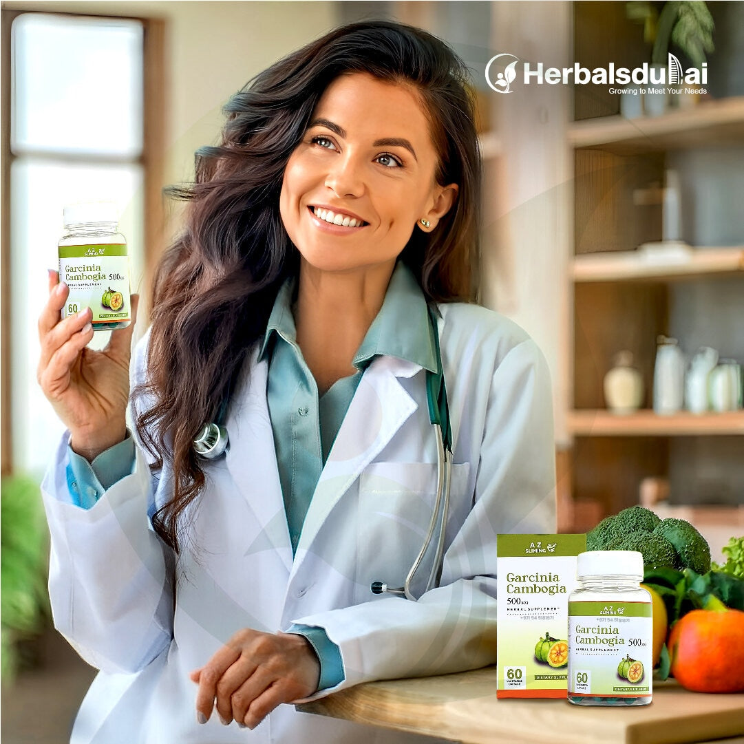 A woman in a white lab coat with a stethoscope, smiling and holding a bottle of Garcinia Cambogia 500mg supplements. A package of the same supplements and fresh vegetables are displayed on a table beside her. The background features a softly lit interior with natural light.