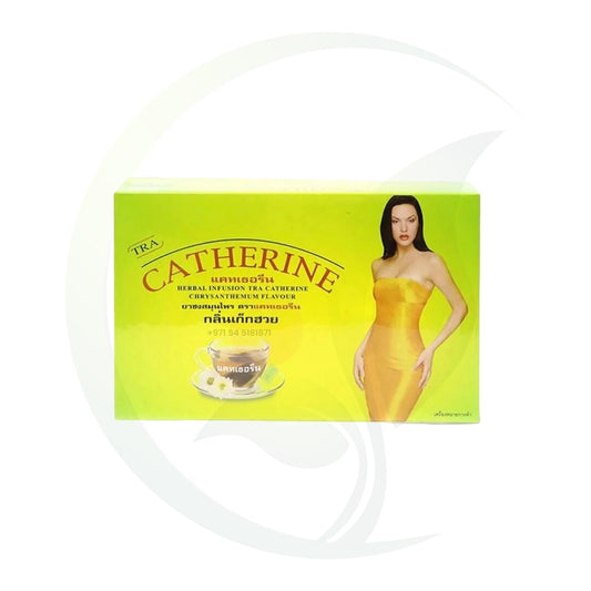 A green box of Catherine herbal infusion tea with chrysanthemum flavor, featuring an image of a woman in a yellow dress and a cup of tea.