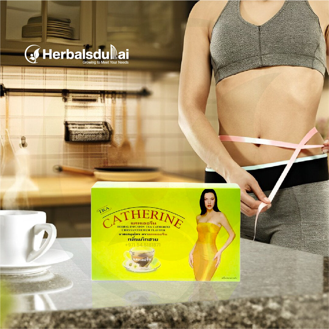 Woman measuring waist in kitchen with Catherine herbal tea package in the foreground.