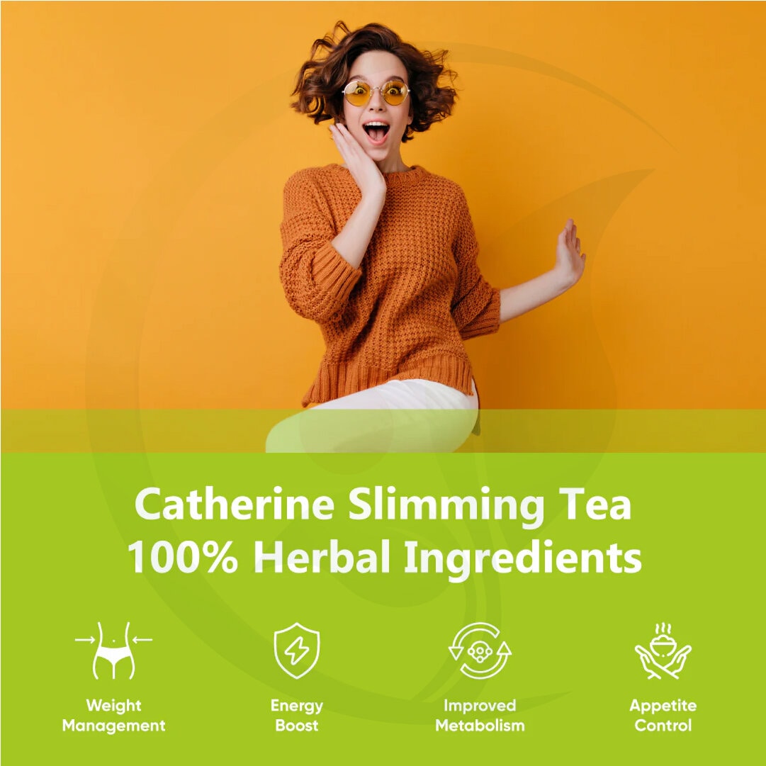 Woman in an orange sweater and sunglasses jumping with excitement against an orange background, with text promoting Catherine Slimming Tea featuring 100% herbal ingredients and benefits such as weight management, energy boost, improved metabolism, and appetite control.