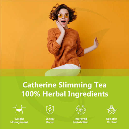 Woman in an orange sweater and sunglasses jumping with excitement against an orange background, with text promoting Catherine Slimming Tea featuring 100% herbal ingredients and benefits such as weight management, energy boost, improved metabolism, and appetite control.