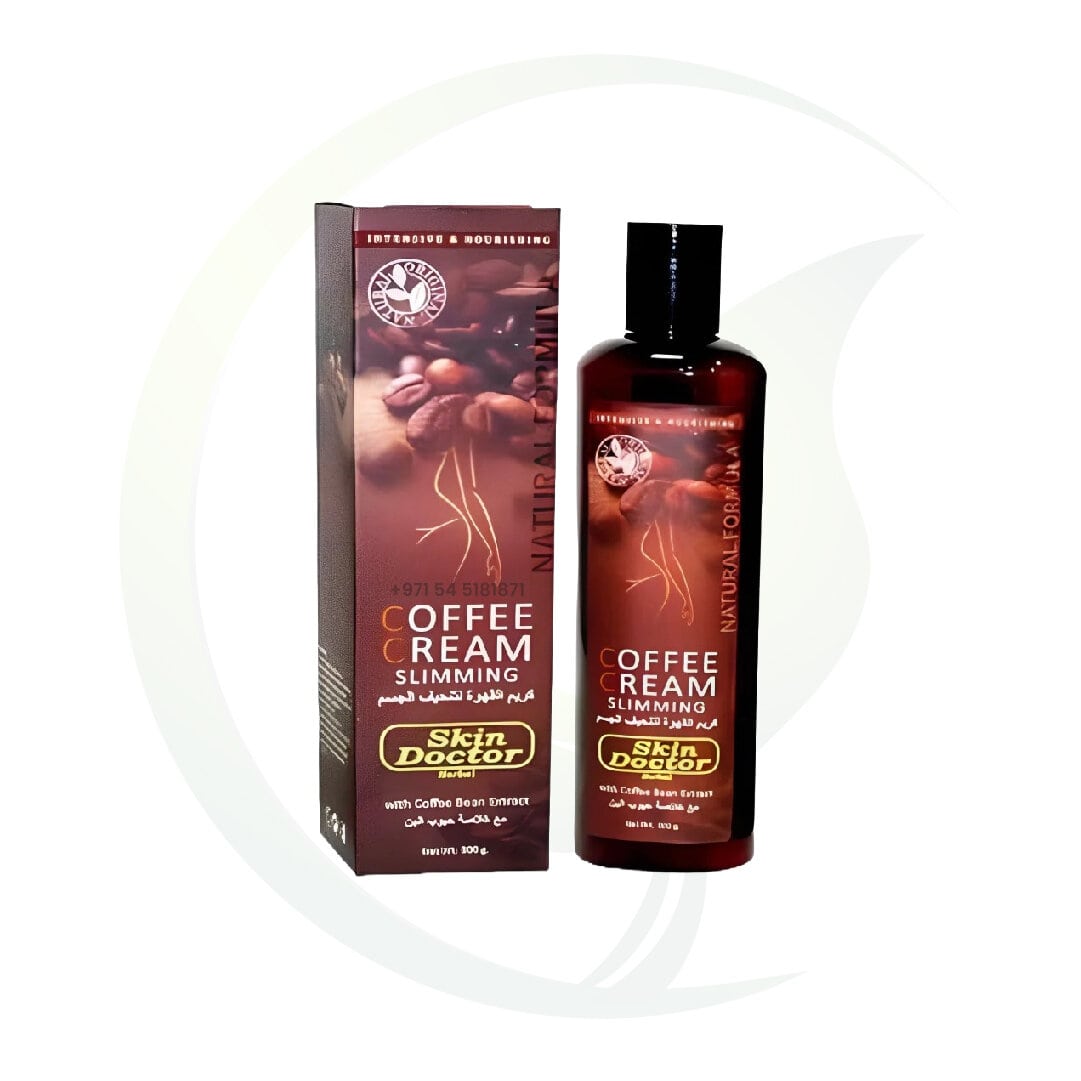 Coffee Cream Slimming by Skin Doctor with Coffee Bean Extract. A natural formula for slimming and body toning, showcased with its box and bottle.