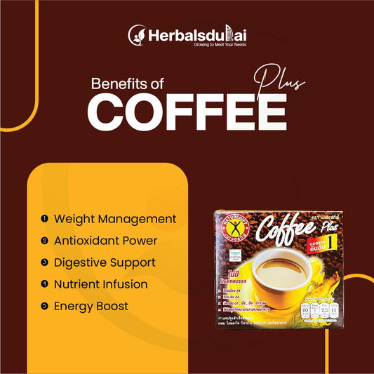 Advertisement for Herbasldubai Coffee Plus highlighting its benefits, including weight management, antioxidant power, digestive support, nutrient infusion, and energy boost. The image features product packaging and text detailing these benefits.