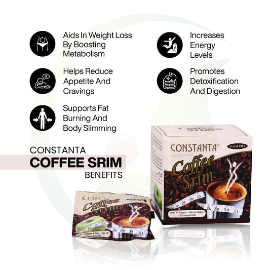 Constanta Coffee Srim benefits infographic. Highlights include weight loss support by boosting metabolism, reducing appetite and cravings, supporting fat burning and slimming, increasing energy levels, and promoting detoxification and digestion.