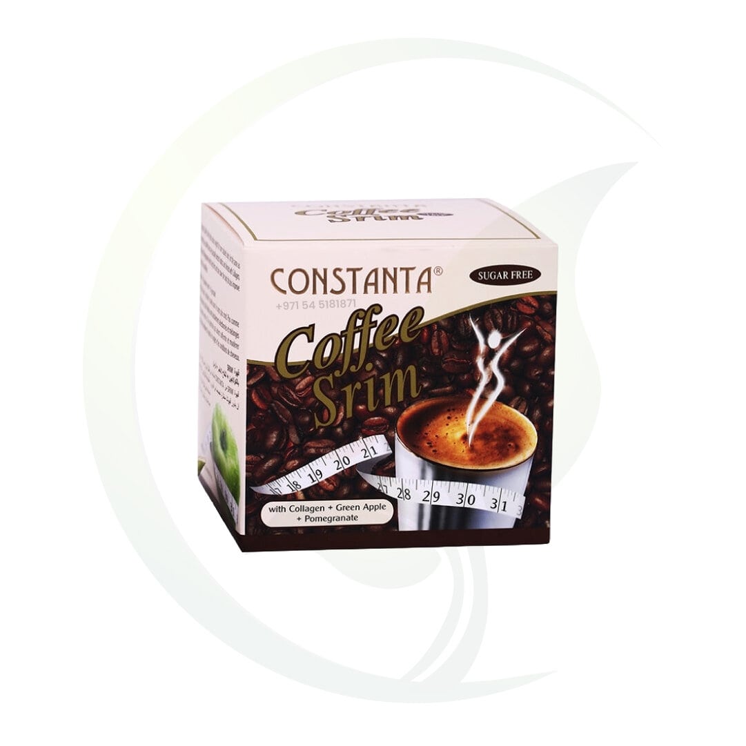 Constanta Coffee Srim packaging. The front of the box shows coffee beans, a steaming cup of coffee wrapped with a measuring tape. The product is sugar-free and contains collagen, green apple, and pomegranate.