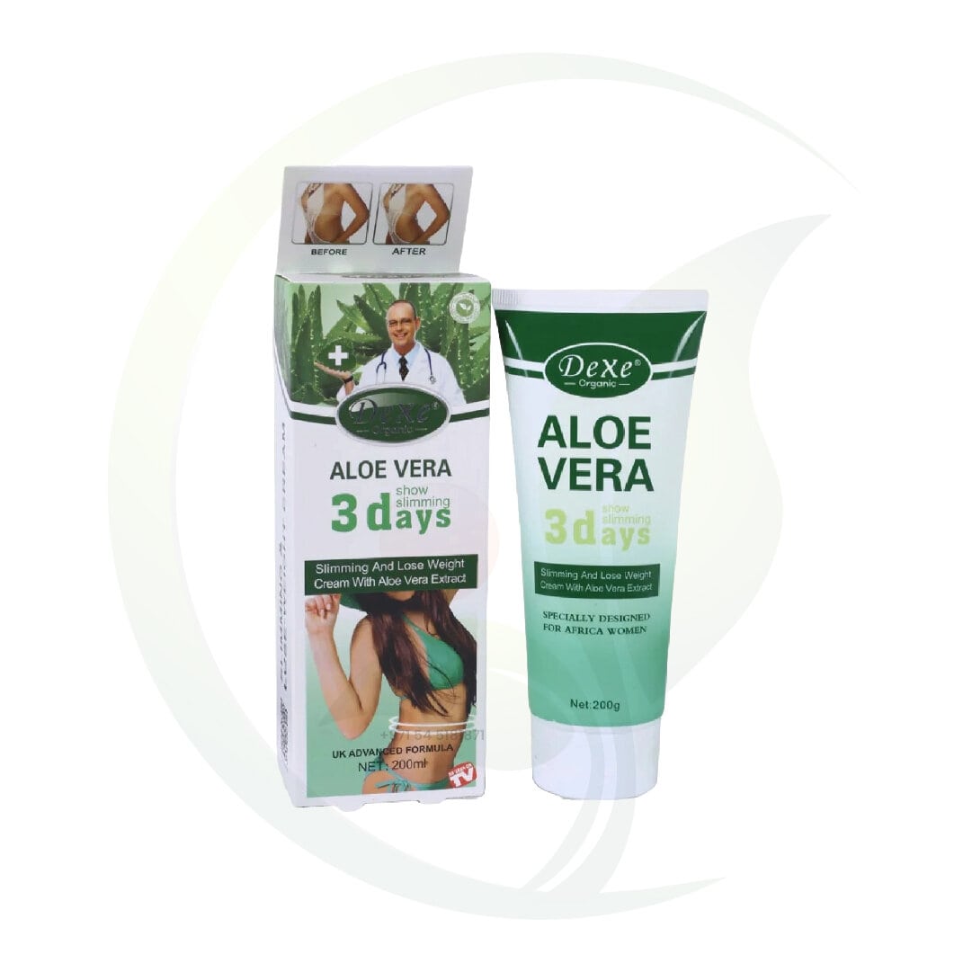 Dexe Aloe Vera slimming cream packaging, promoting weight loss in 3 days, with tube and box design.