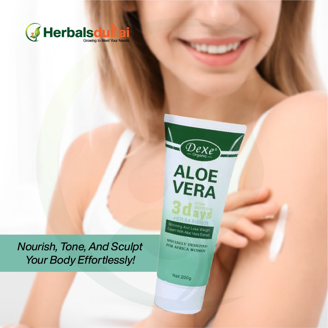 Close-up of a smiling woman applying Dexe Organic Aloe Vera cream on her arm with 'Herbals Dubai' logo in the background and the text, "Nourish, Tone, And Sculpt Your Body Effortlessly!" displayed.