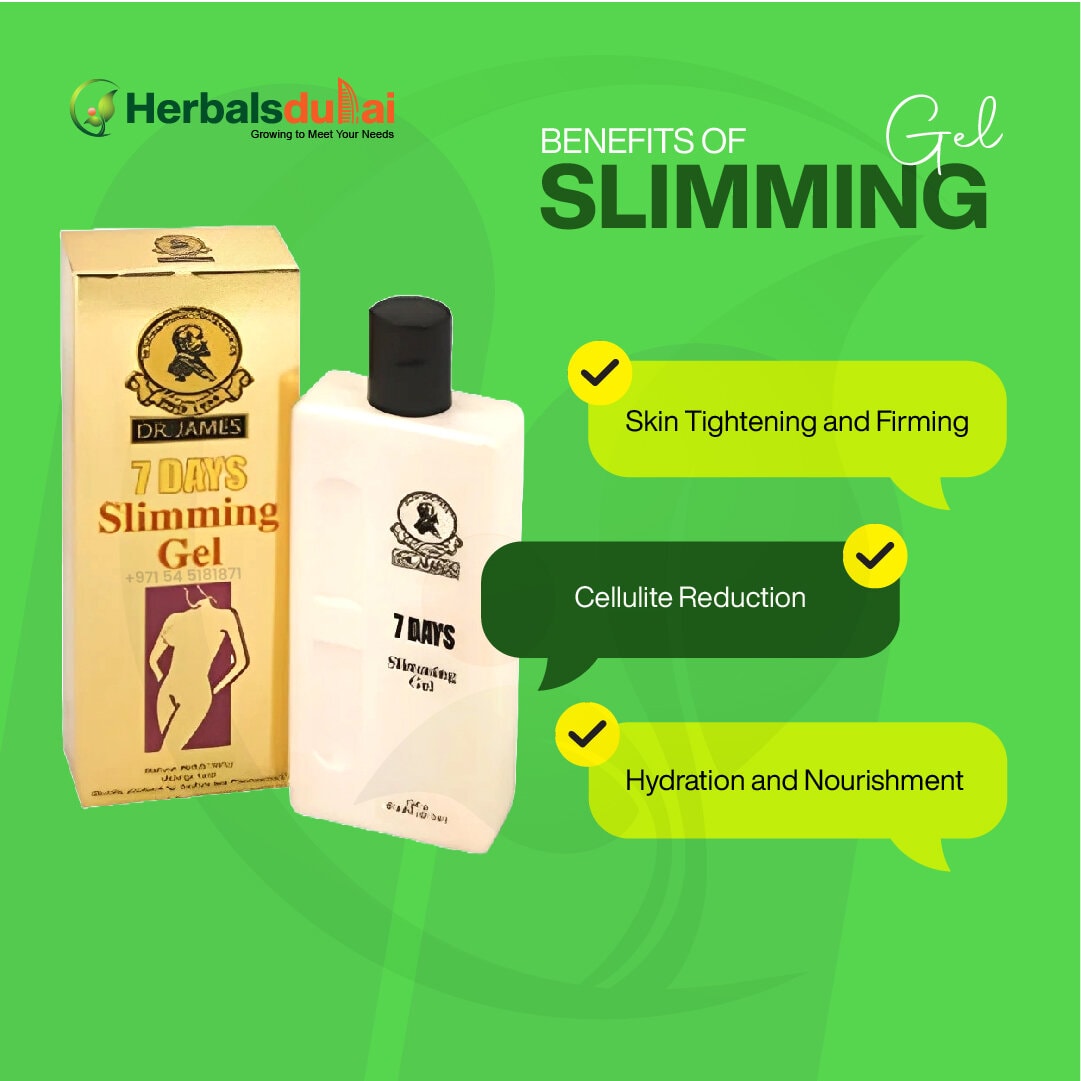 Packaging and bottle of Dr. James 7 Days Slimming Gel with highlighted benefits such as skin tightening, cellulite reduction, and hydration on a green background.