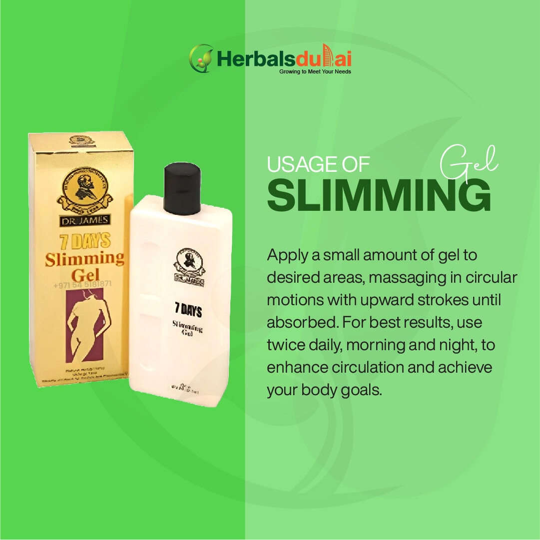 Image of Dr. James 7 Days Slimming Gel packaging and bottle, with usage instructions for massaging the gel on desired areas to enhance circulation and body goals.