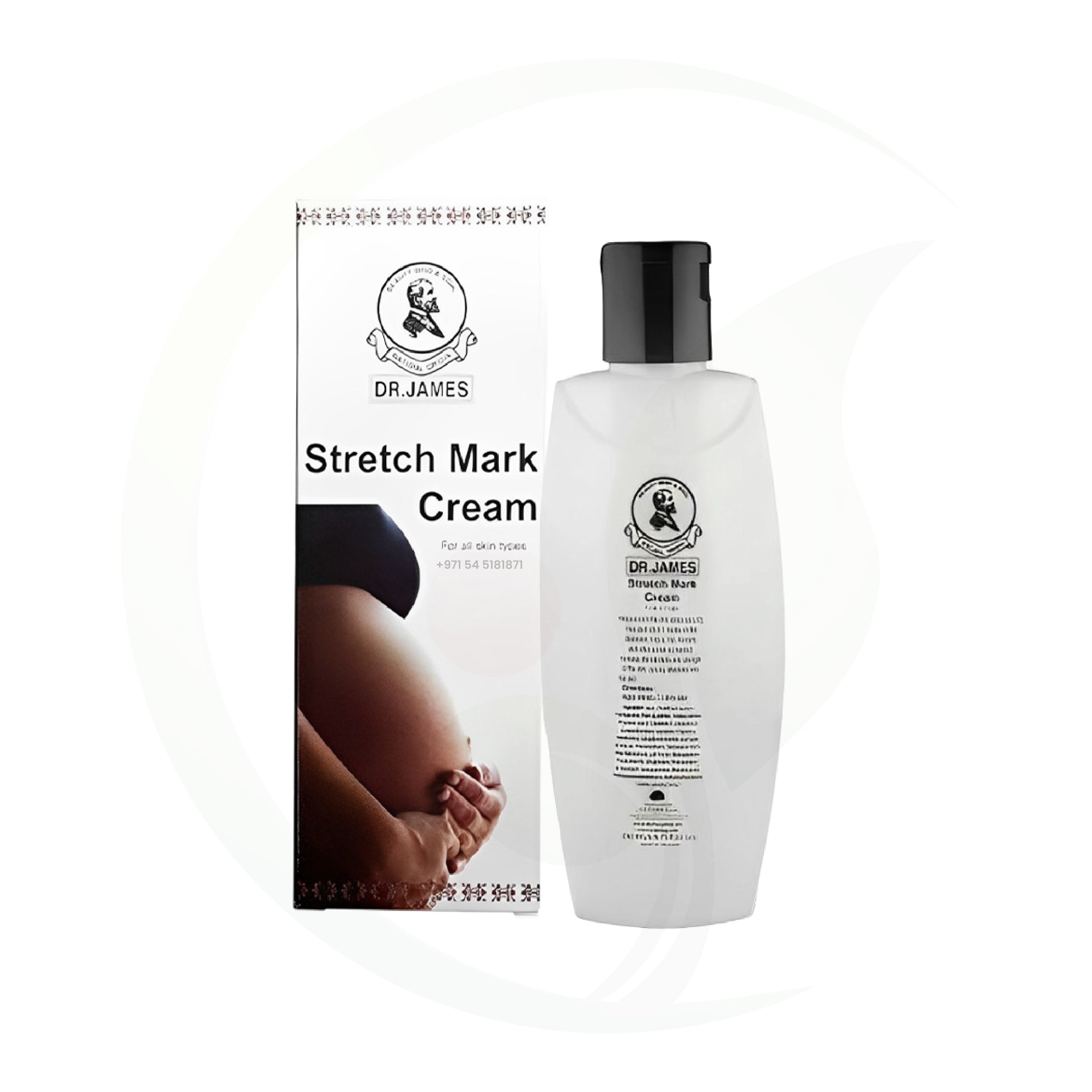 Dr. James Stretch Mark Cream - A bottle of Dr. James Stretch Mark Cream with packaging showing a pregnant woman holding her belly, for all skin types. Product designed to reduce the appearance of stretch marks and nourish the skin.