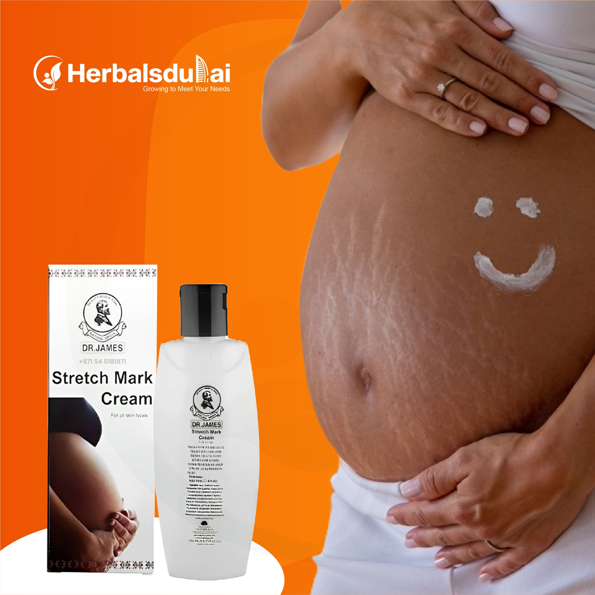 A vibrant promotional image for Dr. James Stretch Mark Cream by Herbals Dubai. The cream bottle and packaging are displayed on the left against a bright orange background. On the right, a close-up of a pregnant belly shows a smiley face drawn with cream, symbolizing skincare and positivity during pregnancy. The image conveys the cream's gentle, nourishing benefits for reducing stretch marks.