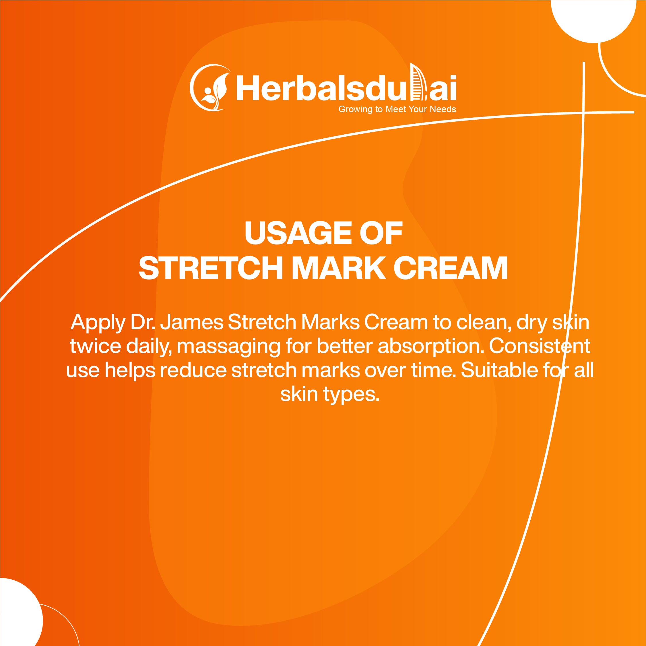 Orange informational poster detailing the usage of Dr. James Stretch Marks Cream, advising application to clean, dry skin twice daily for best absorption and stretch mark reduction. Suitable for all skin types. Branding includes Herbals Dubai logo.