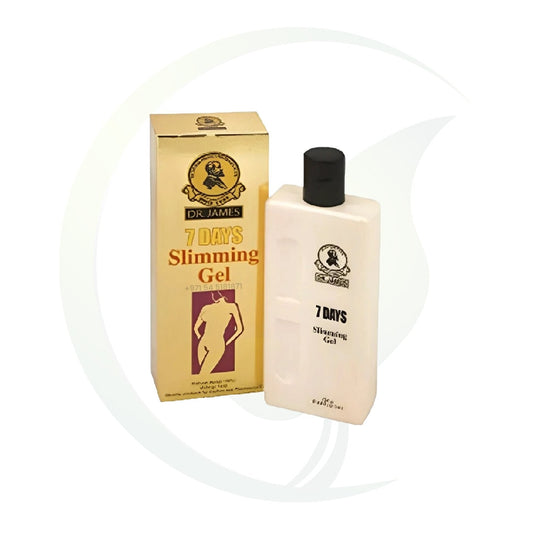 Dr James 7 Days Slimming Gel packaging with a white bottle and gold-colored box featuring a silhouette logo.