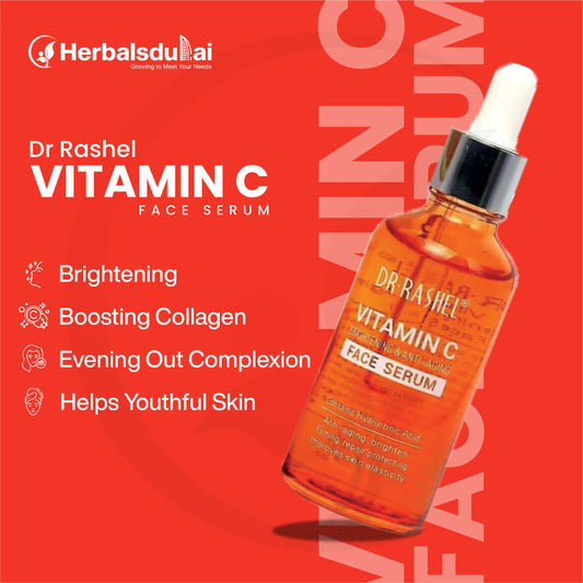 A vibrant orange bottle of Dr Rashel Vitamin C Face Serum displayed against a matching orange background, featuring benefits like brightening, boosting collagen, evening out complexion, and helping maintain youthful skin.