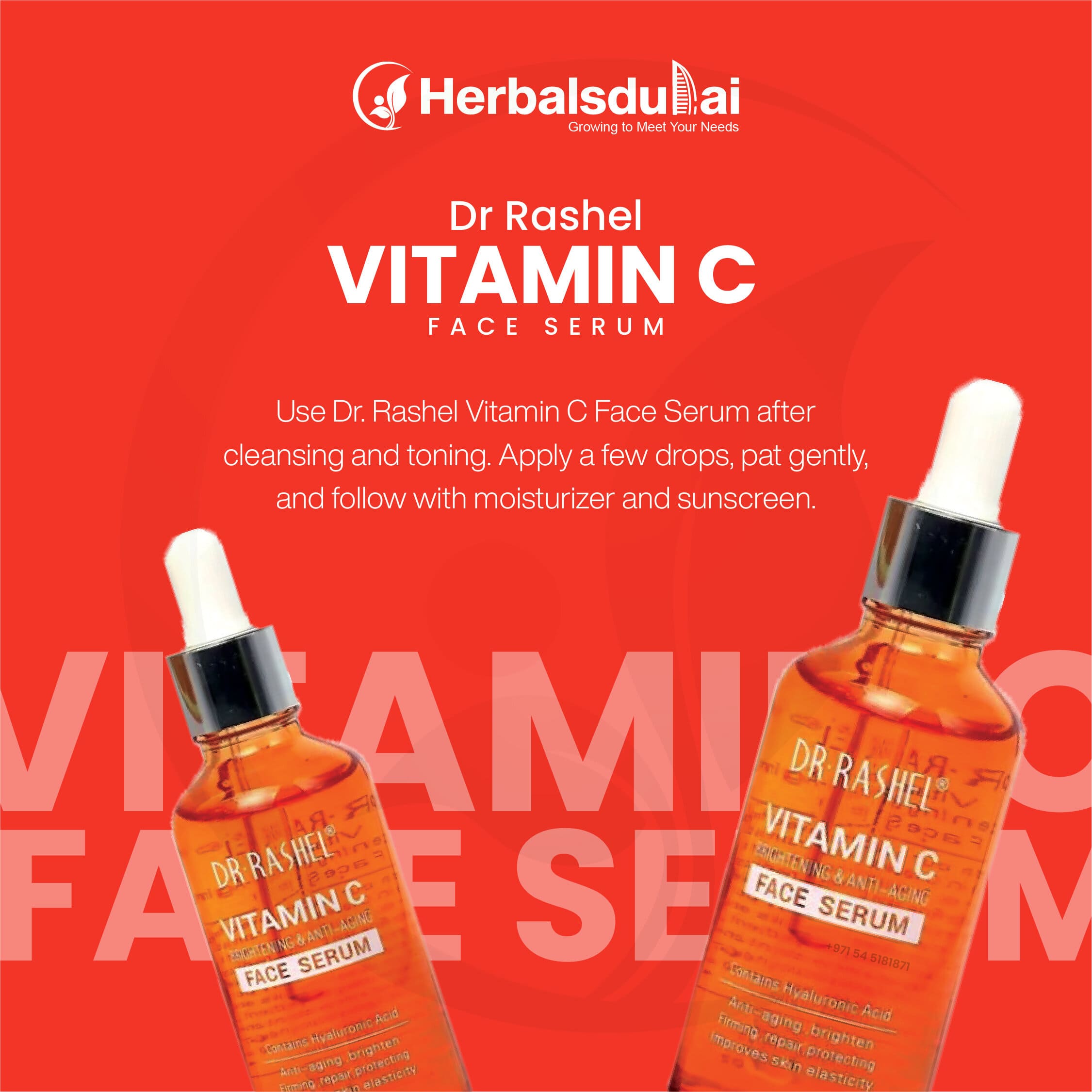 Image of Dr Rashel Vitamin C Face Serum bottle with a dropper against a bright red background, featuring product usage instructions and the Herbalsdubai logo.