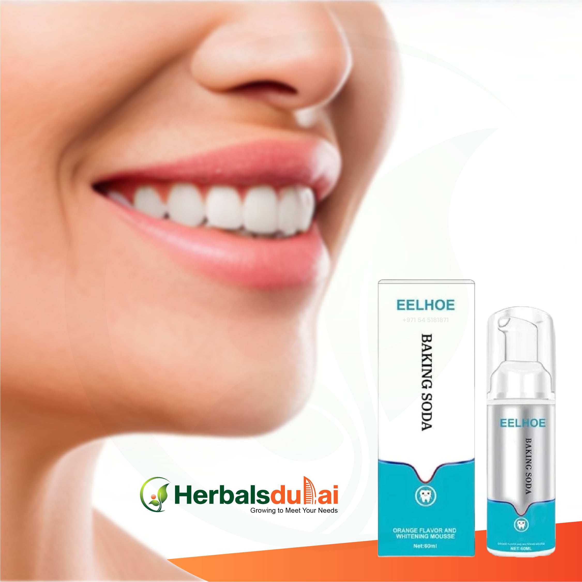 Close-up of a smiling woman's mouth with white teeth alongside a product box and bottle labeled "EELHOE Baking Soda Whitening Mousse" from Herbals Dubai.