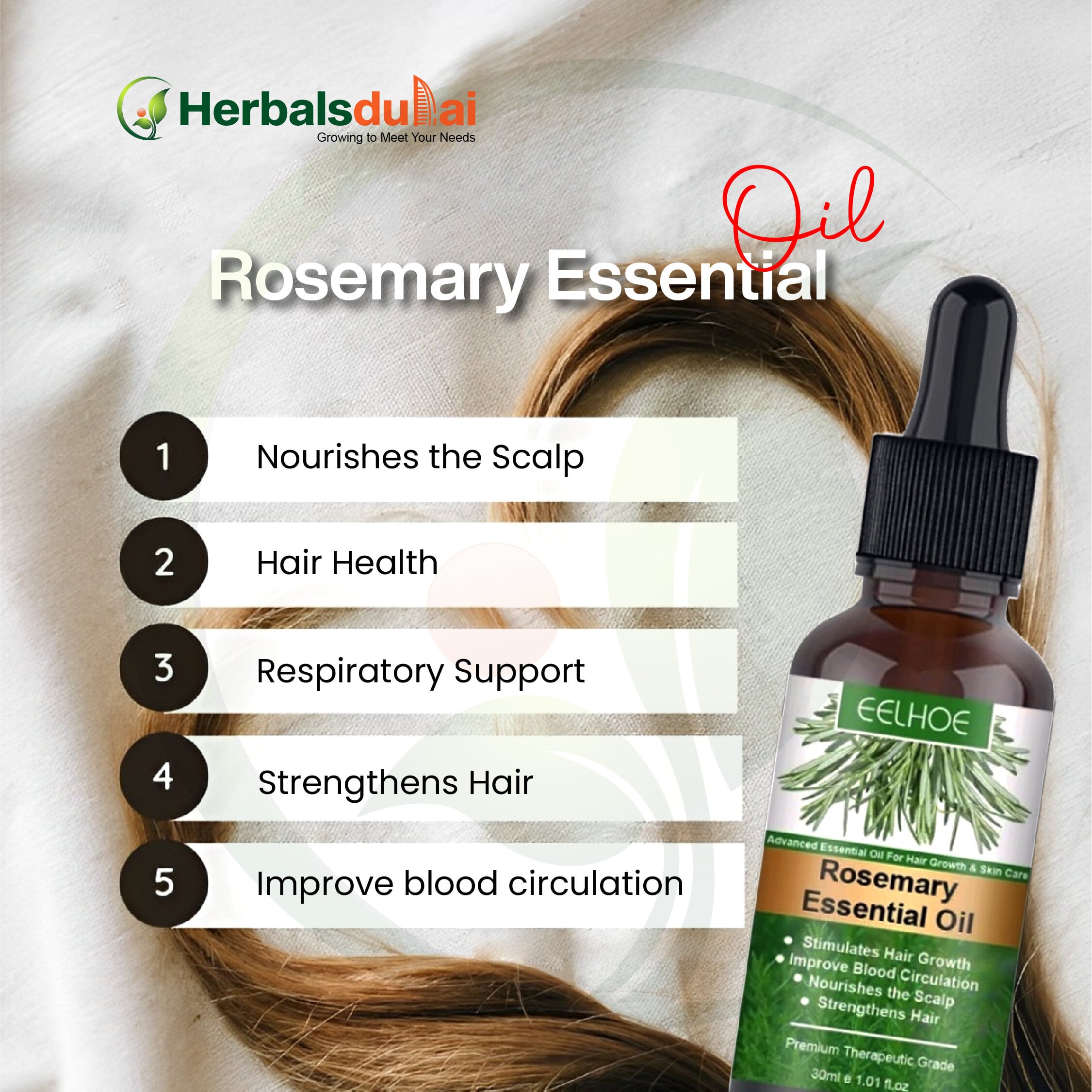 A bottle of Eelhoe Rosemary Essential Oil displayed next to a lock of hair, highlighting benefits such as scalp nourishment, hair health, respiratory support, hair strengthening, and improved blood circulation. The image includes a brand logo "Herbals Dubai" at the top.