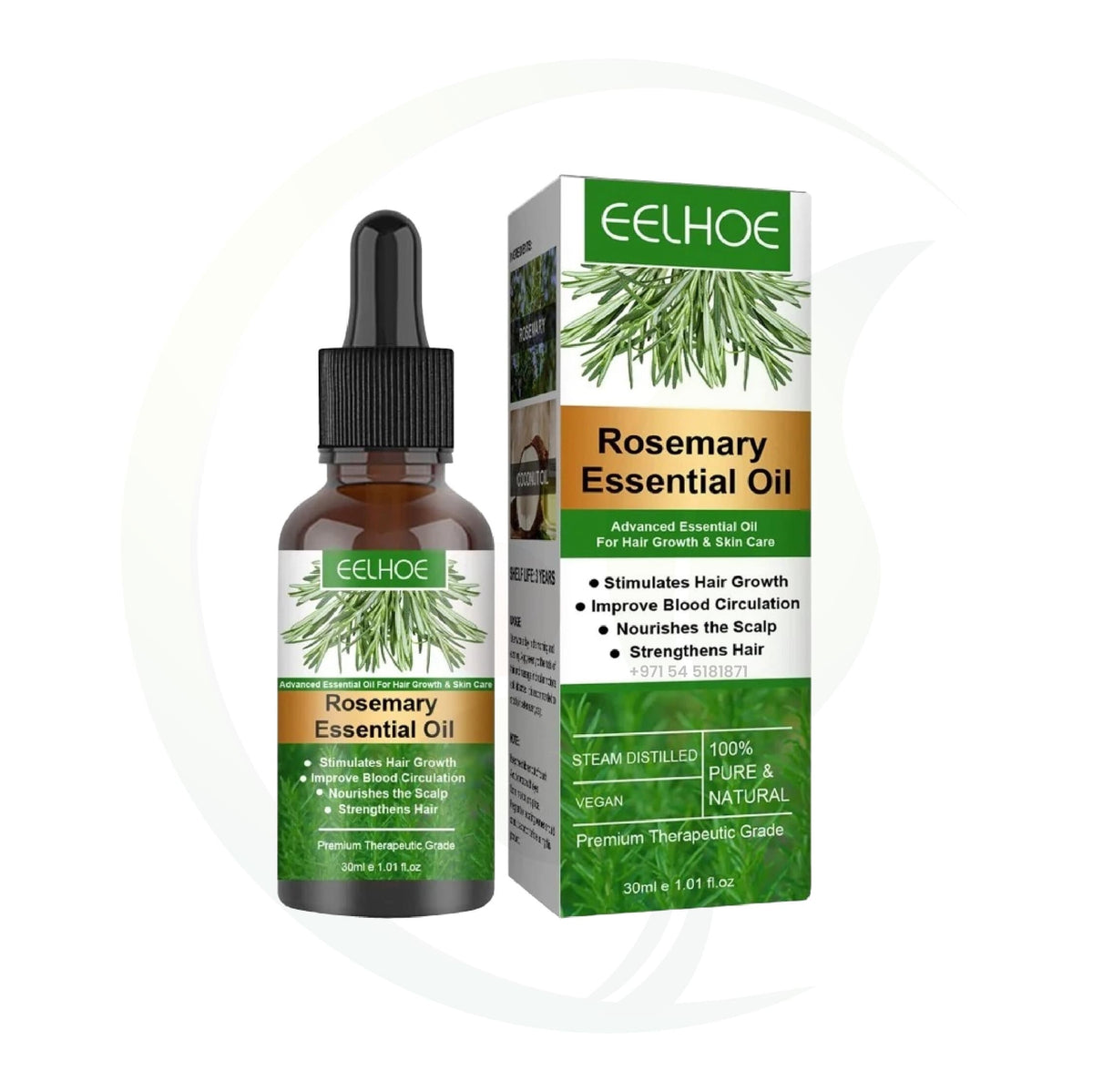 Bottle and packaging of Eelhoe Rosemary Essential Oil, designed for hair growth and skin care, with features such as stimulating hair growth, improving blood circulation, nourishing the scalp, and strengthening hair.