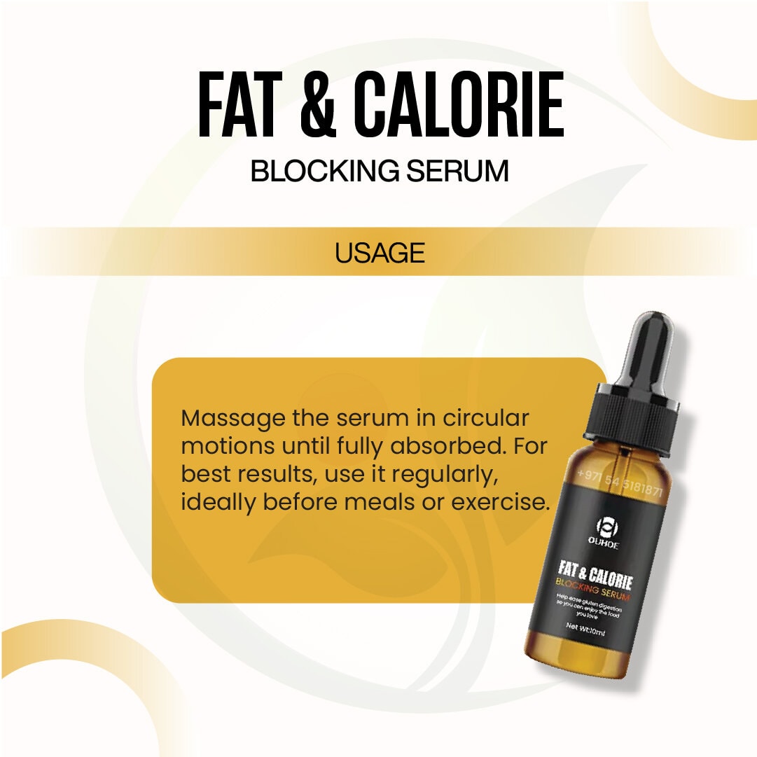 "FAT & CALORIE BLOCKING SERUM" with usage instructions and an image of the product bottle.