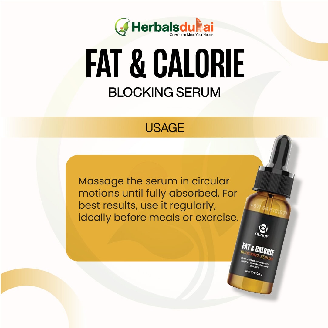 "FAT & CALORIE BLOCKING SERUM" with usage instructions and an image of the product bottle.