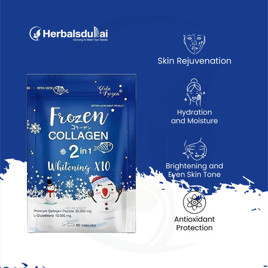 A packet of Frozen Collagen 2 in 1 Whitening X10 supplement against a blue background. The packaging features snowflakes, a snowman, and claims benefits such as skin rejuvenation, hydration, brightening, and antioxidant protection. Branding for HerbalsDubai is displayed at the top.