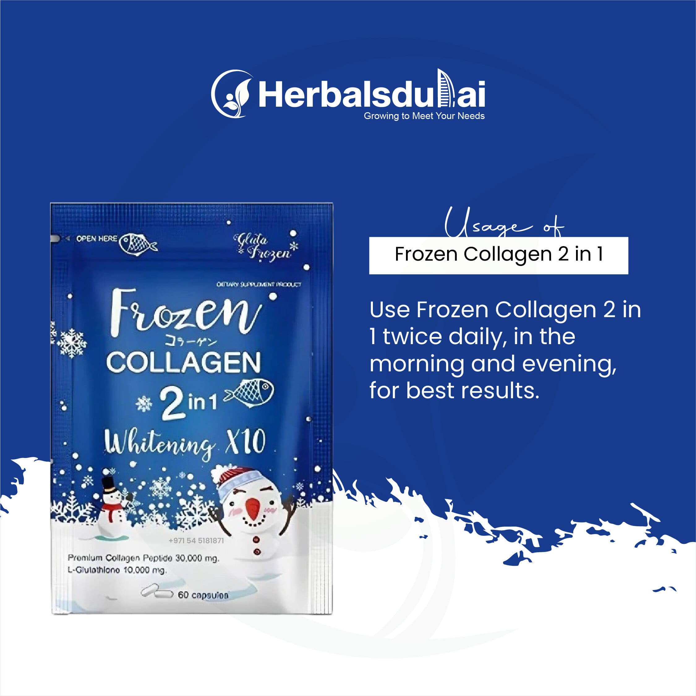 Packaging design of Frozen Collagen 2 in 1 Whitening X10 supplement by Herbals Dubai, featuring a snowy theme with snowflakes and a snowman illustration, suggesting its use twice daily for optimal results.